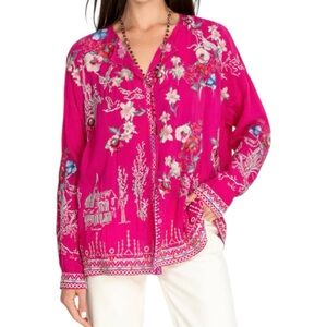 Johnny Was Elias Embroidered Blouse Pink Floral Womens Small C10122-1 Boho Tunic